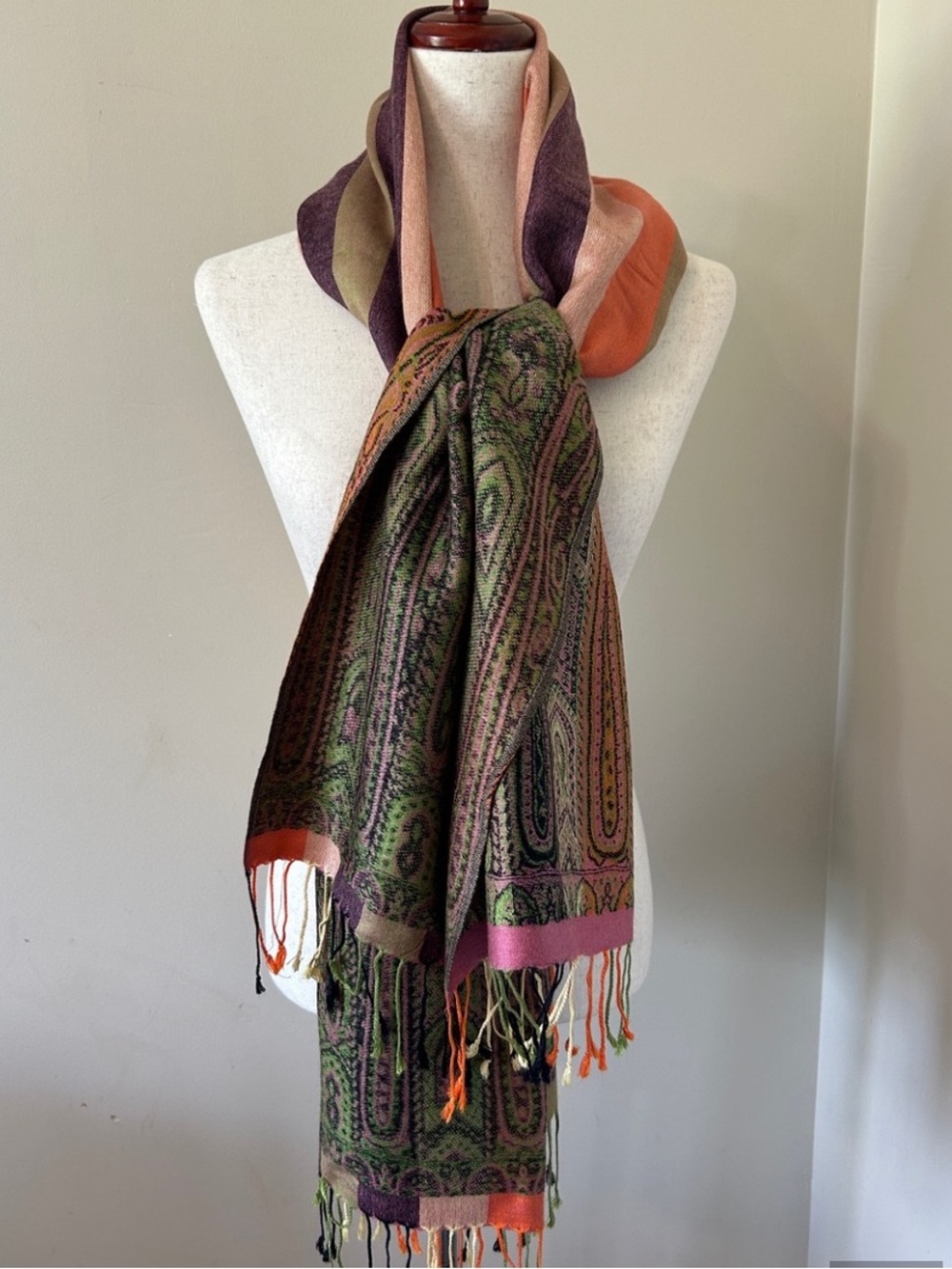 Pashmina Colorful Strip Paisley Reversible Shawl Scarf Head-wrap Wool Silk Blend